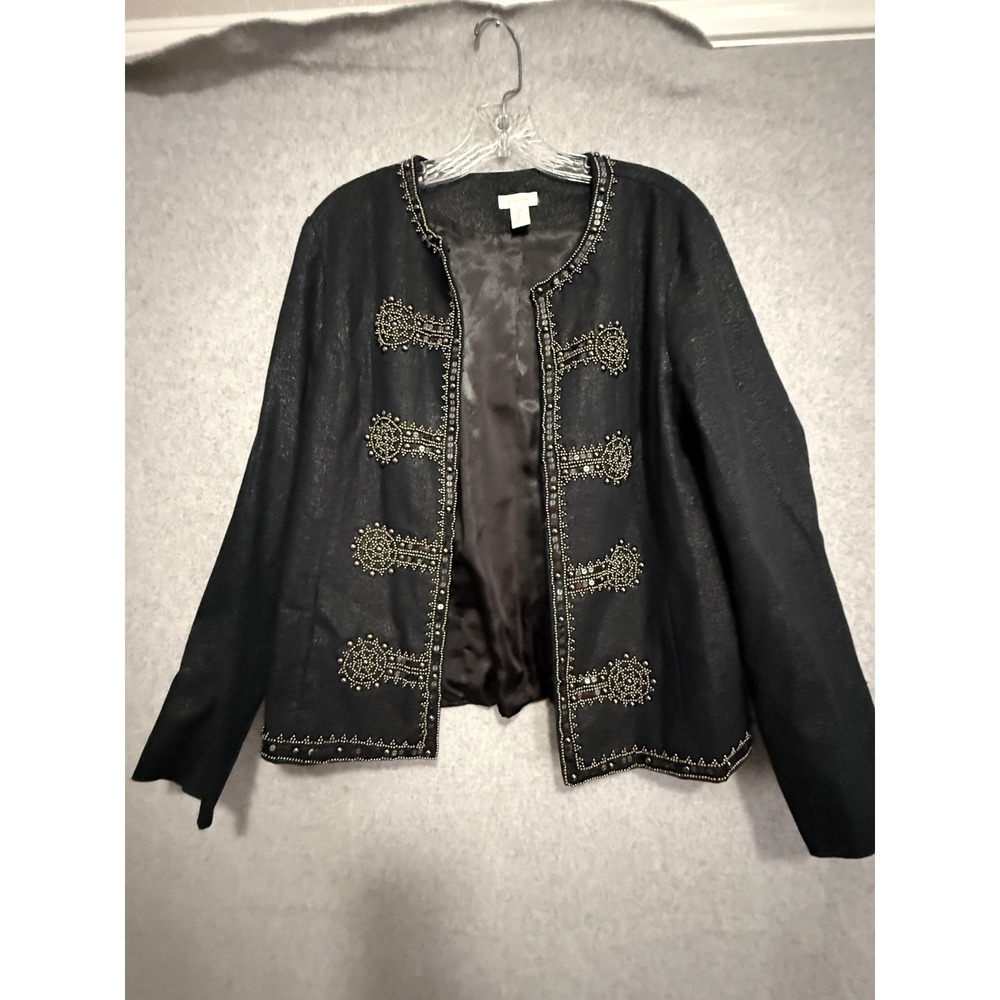Chico's Jacket Womens 2 Black Beaded Sequin‎ Military Open Front Lined Party